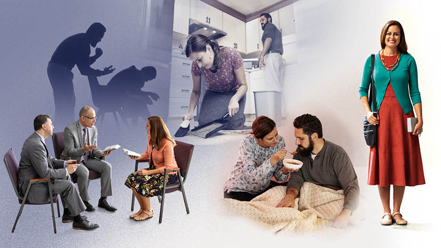 Una germana que representa a Yasmeen està de peus i somriu. Collage: 1) El seu home reprenent-la molt enfadat. 2) Ella escoltant dos ancians que l’animen amb la Bíblia. 3) Agenollada en la cuina recollint la brutícia que ha tirat el seu home mentres ell l’observa. 4) Ella donant-li de menjar al seu marit que està malalt en el llit.