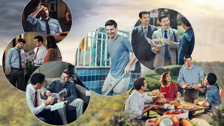 Collage: Un home es fa Testimoni. 1) Està assentat en casa després d’un llarg dia de treball. 2) Un matrimoni que predica a poqueta nit li dona testimoni. 3) L’home estudia la Bíblia amb el germà que li va predicar. 4) L’home es bateja. 5) El nou germà li predica a un altre home. 6) El matrimoni, el germà i l’home disfruten d’un dinar junts en el paradís.