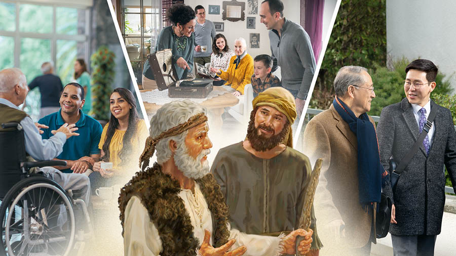 Elies parla amb Eliseu. Collage: Maneres de beneficiar-nos de l’experiència dels majors. 1) Un matrimoni escolta un germà major que viu en una residència. 2) En casa d’una germana major, uns germans i germanes miren un àlbum de fotos i un fonògraf. 3) Un germà jove predica amb un germà major.