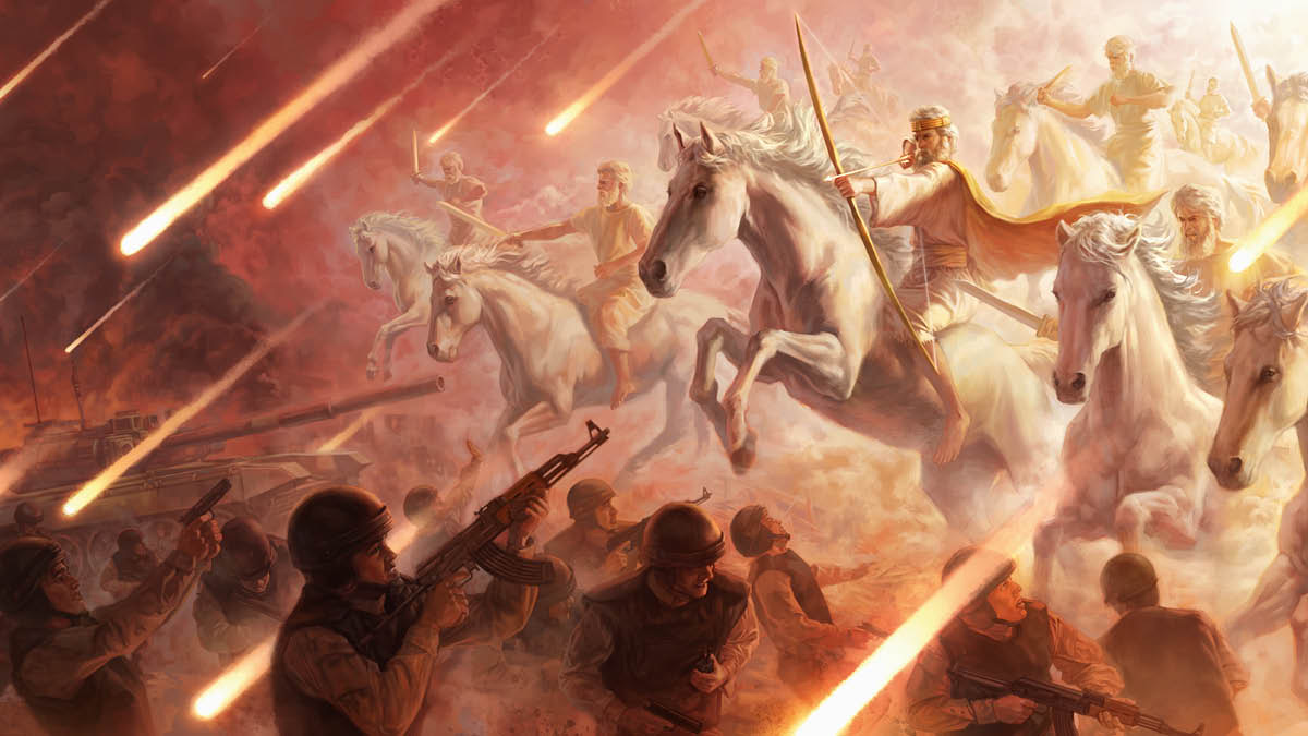 Les forces celestials de Jehovà cavalcant sobre cavalls blancs i atacant hòmens armats.