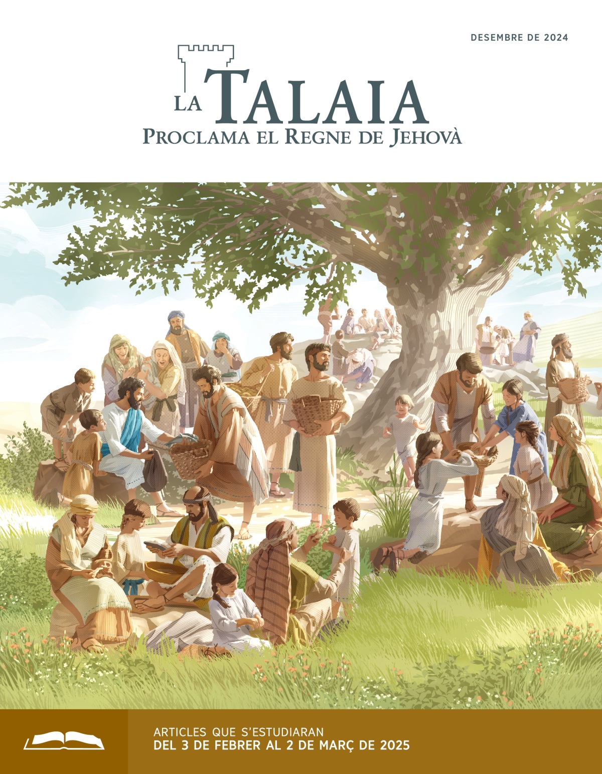 Jesús donant pa i peix als seus deixebles. Els deixebles distribuïxen els aliments a una gran multitud d’hòmens, dones i xiquets.