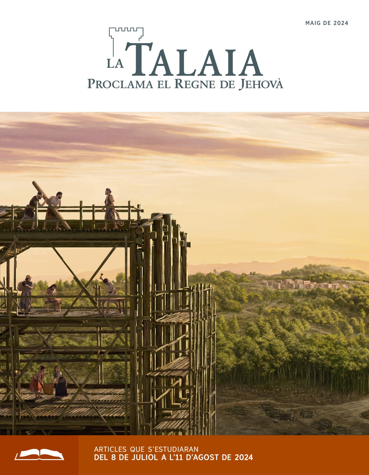 Noé i la seua família construint l’arca. A lo llunt, es veu un poble rodejat per un bosc.