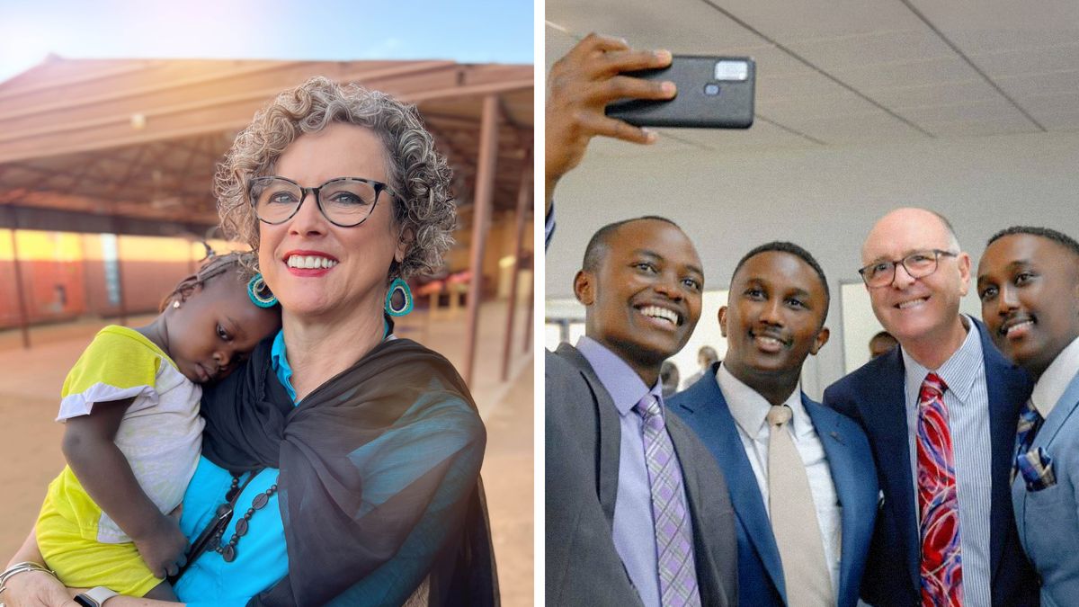 Collage: 1) Anne somrient mentres té en braços a una xiqueta xicoteta. 2) Paul i un grupet de germans jóvens fent-se un selfie.