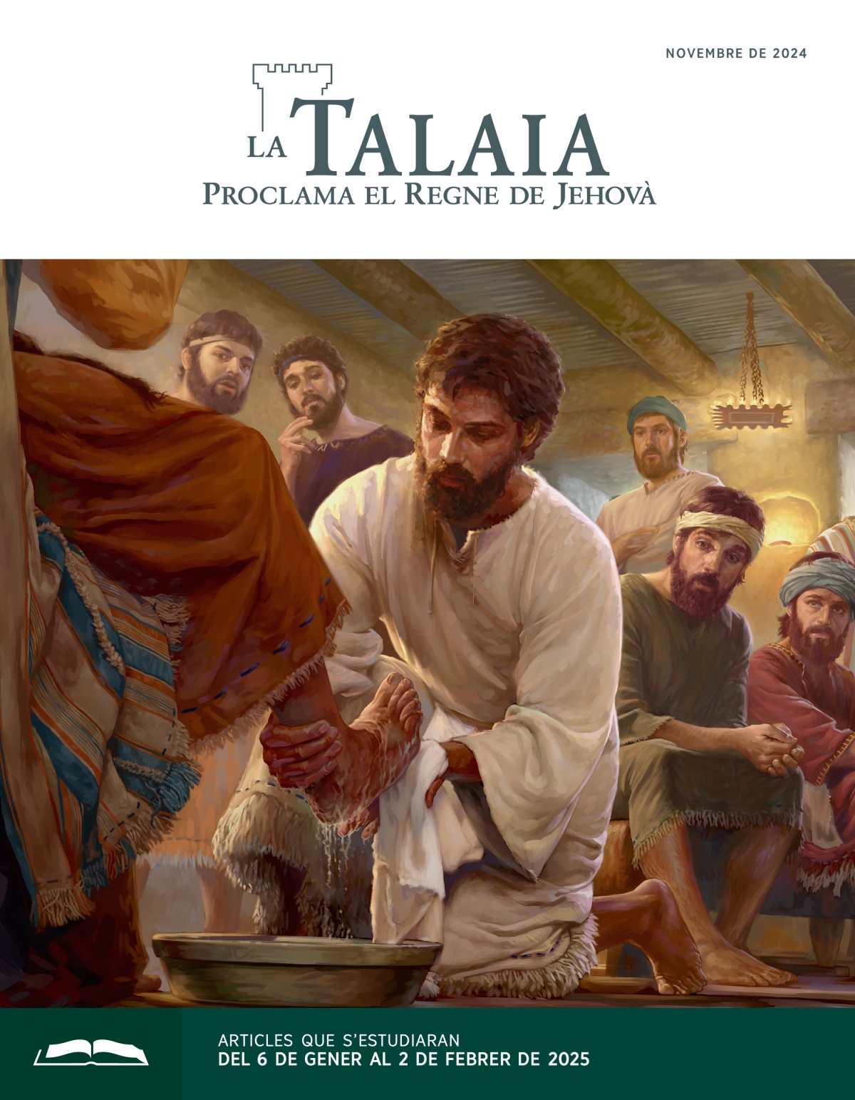 Jesús llavant els peus d’un dels seus apòstols mentres els altres apòstols el miren amb cara d’incredulitat.