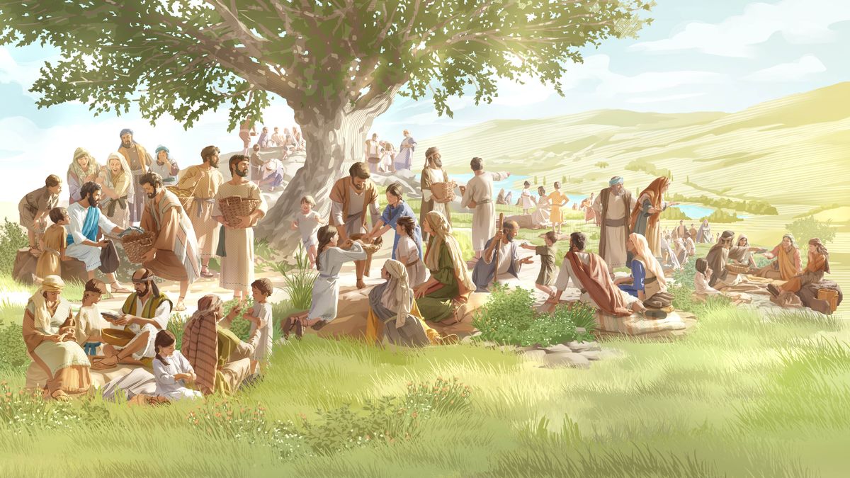 Jesús donant pa i peix als seus deixebles. Els deixebles distribuïxen els aliments a una gran multitud d’hòmens, dones i xiquets.