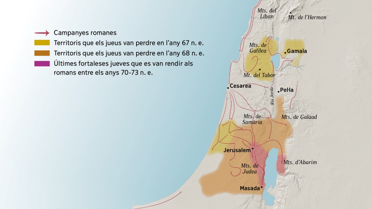 Un mapa mostrant algunes de les muntanyes i ciutats d’Israel en el segle I. Al nord de Jerusalem estan les muntanyes del Líban, les de Galilea, les de Samària i les de Galaad, també la muntanya de l’Hermon i la de Tabor. Les ciutats del nord de Jerusalem són Gamala, Cesarea i Pel·la. Al sud de Jerusalem estan les muntanyes de Judea i Abarim, i també la ciutat de Masada. El mapa també mostra les rutes de les campanyes romanes i les zones que van perdre els jueus entre els anys 67-73.