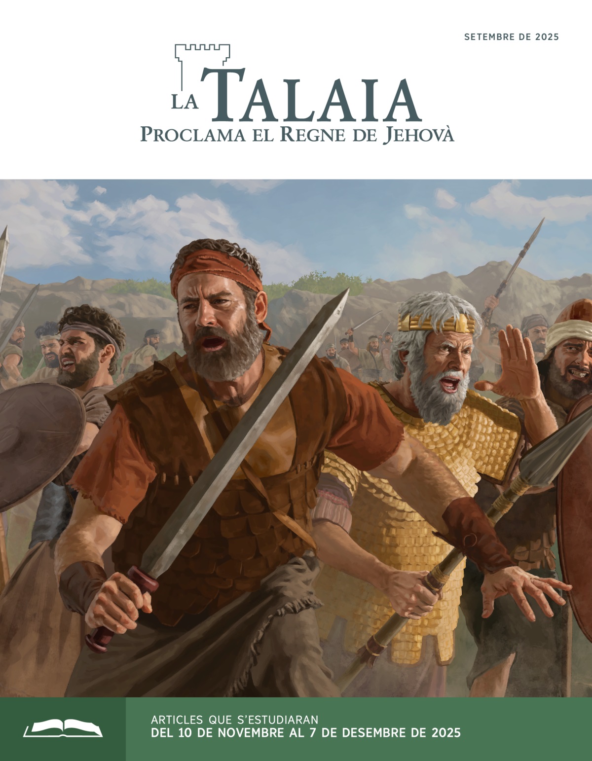 Jonatan, Saül i altres soldats israelites lluitant en el camp de batalla amb les seues espases, llances i escuts.