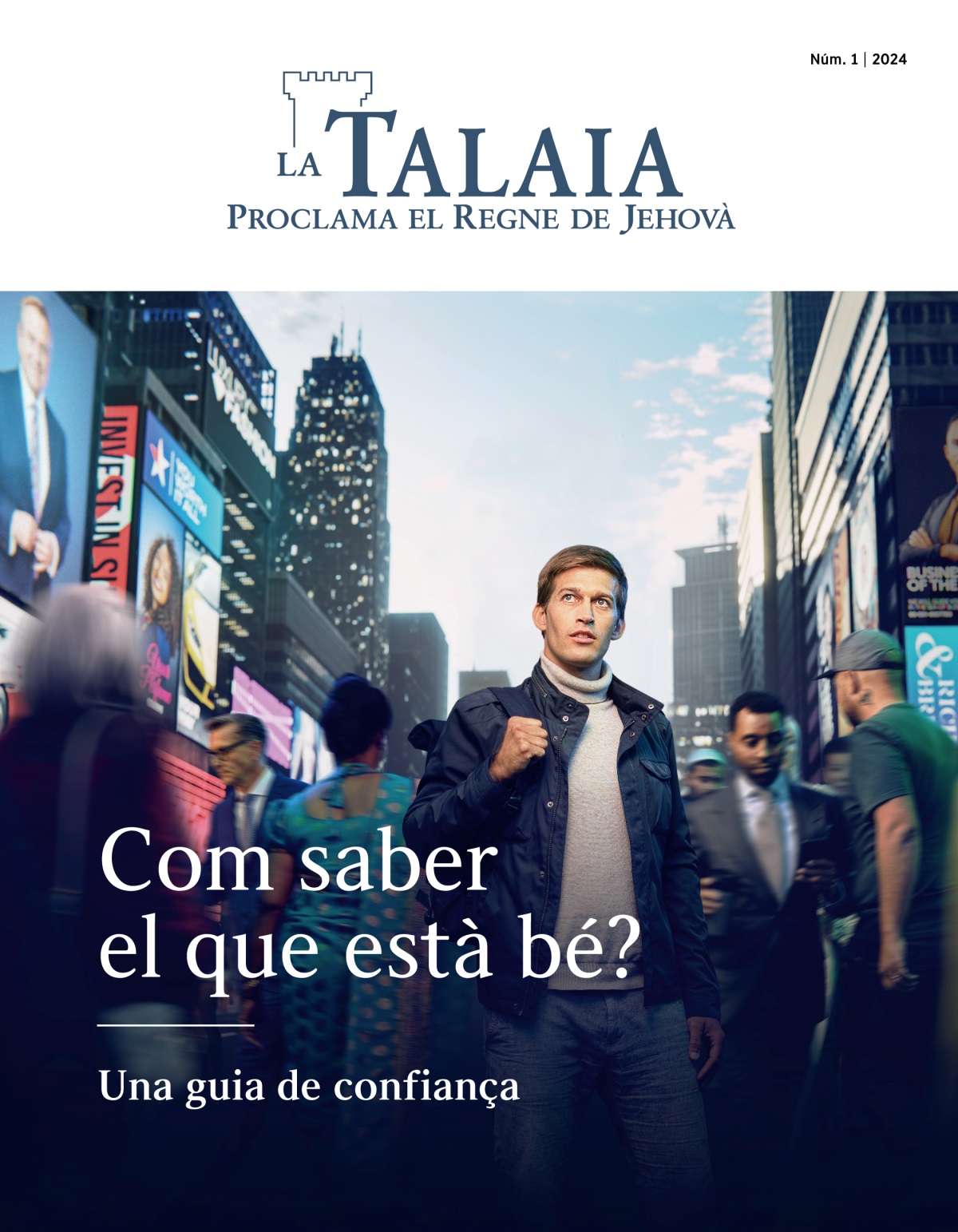 Un home jove en un carrer molt transitat d’una ciutat. Persones de diferents cultures i nacionalitats passen al voltant. Ell està mirant cap amunt com si buscara una guia.