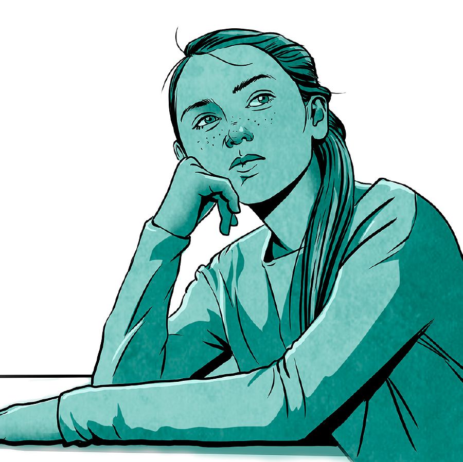 Una adolescent està pensant assentada