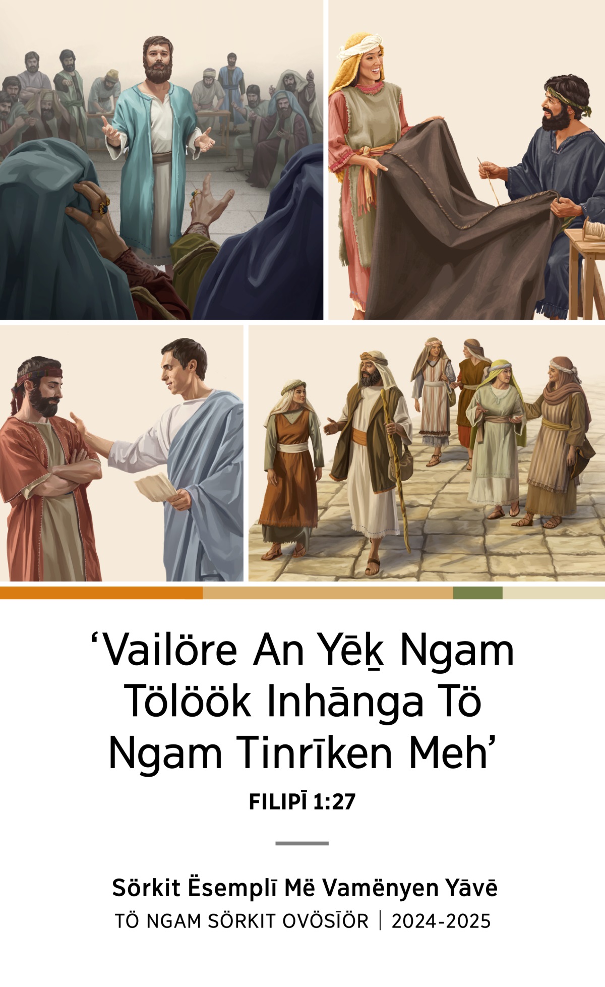 Collage: 1. Vë-eny ngam ṙinatö-ellōn re Satěpān nö ikūö më kamhôka nö laklö e. 2. Holṙenre nā Priskilla nā Akuīla nö vī inrūkui. 3. Kiröön ang Filip, töm pīhö tö më töfëntak kikānö kūön ò nö el talöökö. 4. Vë-ekūö ngam töhěngtak minṙöinylen ang Taitös.