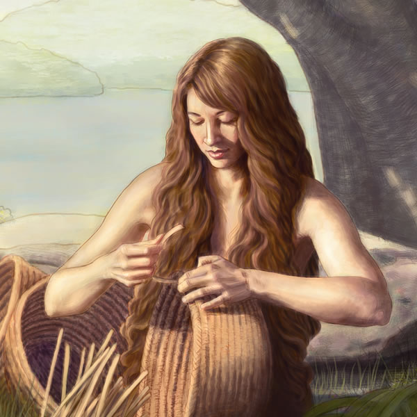 Eva fa un cistell mentre Adam recull fruita