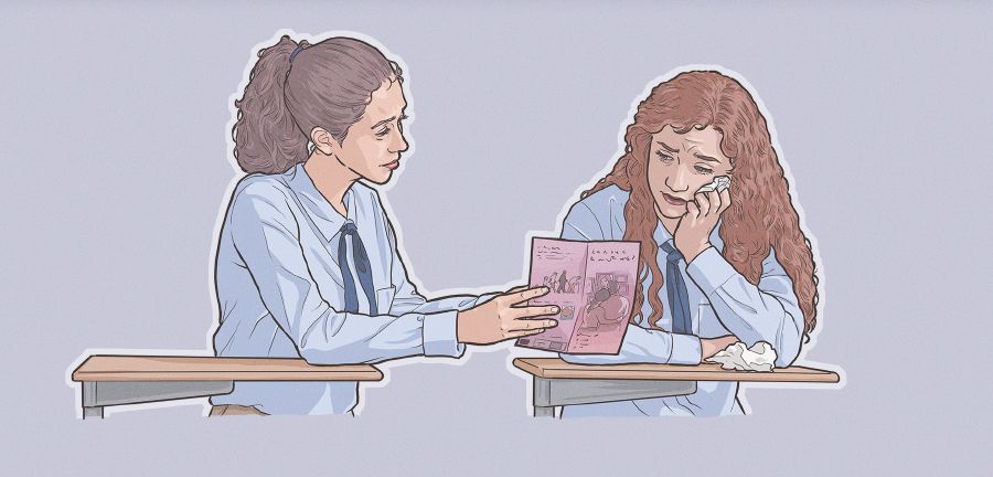 Una germana jove parlant de la resurrecció amb una companya de classe