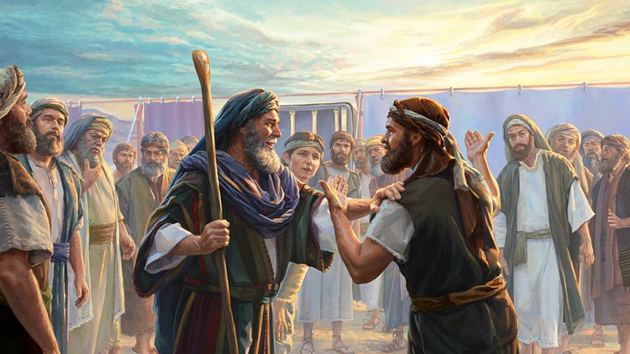 Moisès, Josuè i un grup d’israelites a la vora del tabernacle. Josuè demanant a Moisès que aturi a dos homes que estan fent de profetes.