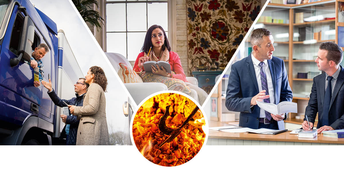 Algú removent les brases enceses amb un atiador. Collage: Germans posant el cor en la seva assignació. 1) Un matrimoni predicant al conductor d’un camió. 2) Una germana meditant en el que ha llegit a la Bíblia. 3) Un ancià ensenyant a un germà jove a encarregar-se de les publicacions a la Sala del Regne.