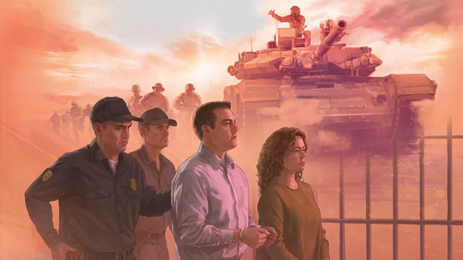 Collage: Diferents exemples d’opressió. 1) Un soldat conduint un tanc militar mentre un grup de soldats el segueixen a peu. 2) Dos policies escortant un matrimoni de Testimonis emmanillats.