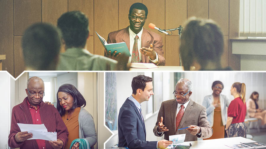 Collage: 1) Un superintendent jove fent d’instructor a l’Escola del servei de pioner. 2) El mateix germà ara ja és gran i està llegint amb la seva dona una carta on els informen d’un canvi d’assignació. 3) Aquest germà capacitant un altre de més jove de la congregació mentre la seva dona està animant una germana jove.