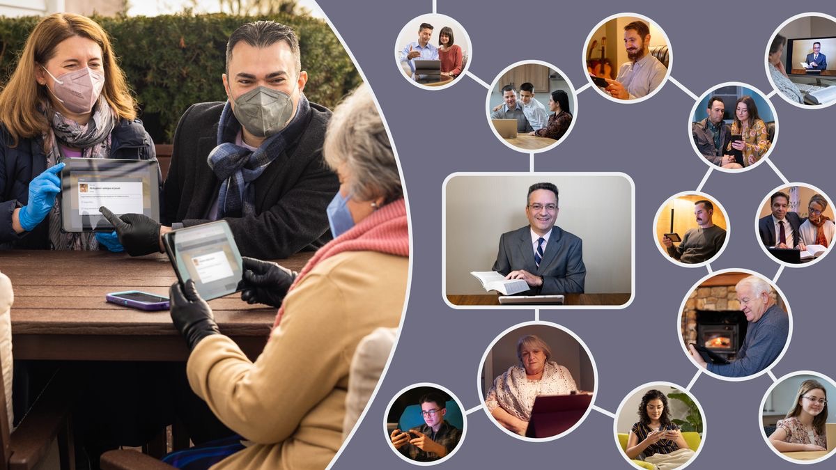 Collage: 1) Un matrimoni ensenyant a una germana gran com pot fer servir la seva tauleta electrònica durant la pandèmia de la covid. Estan asseguts a l’aire lliure i tots tres porten mascareta i guants. 2) Al costat, es veuen uns quants familiars de la germana gran connectats al Memorial per videoconferència.