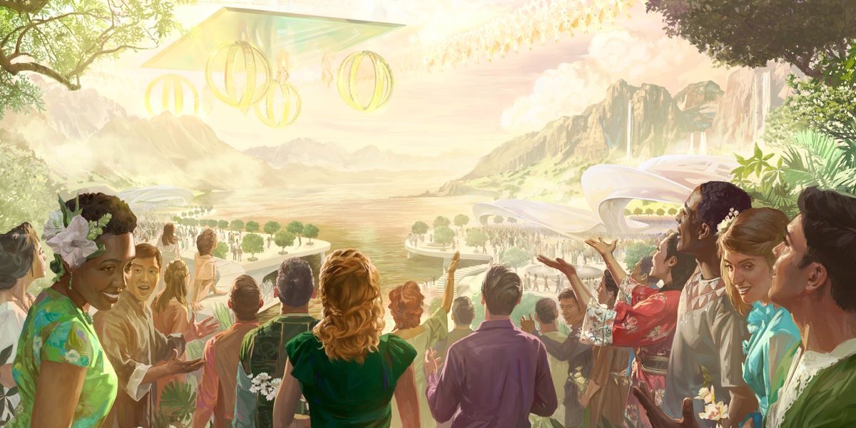 Els àngels al cel i els humans al paradís adorant Jehovà amb alegria i dirigint les seves alabances cap al seu carro celestial.