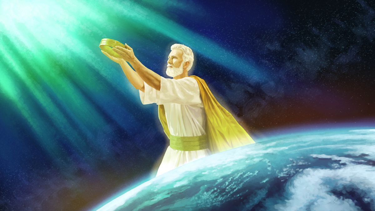 Jesús al cel, entregant la seva corona a Jehovà.