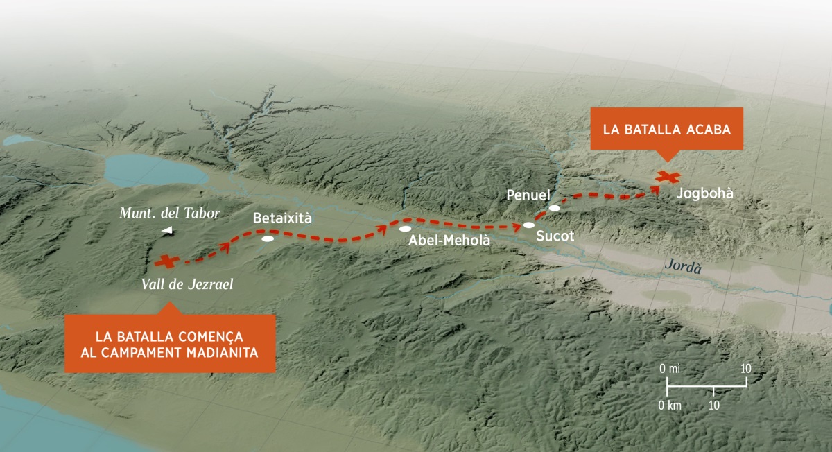 Un mapa que mostra el terreny escarpat i la distància que Gedeó i els seus homes van recórrer des de la vall de Jezrael fins a la ciutat de Jogbohà, mentre perseguien els madianites.