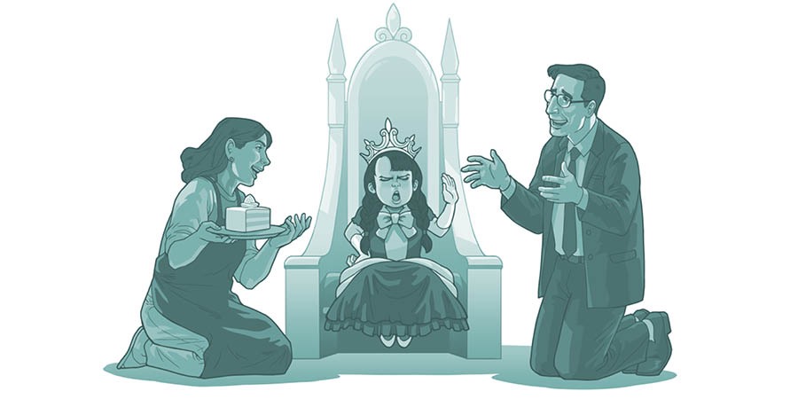 Mga ginikanan nga miluhod sa ilang anak nga batang babaye nga naglingkod nga morag prinsesa