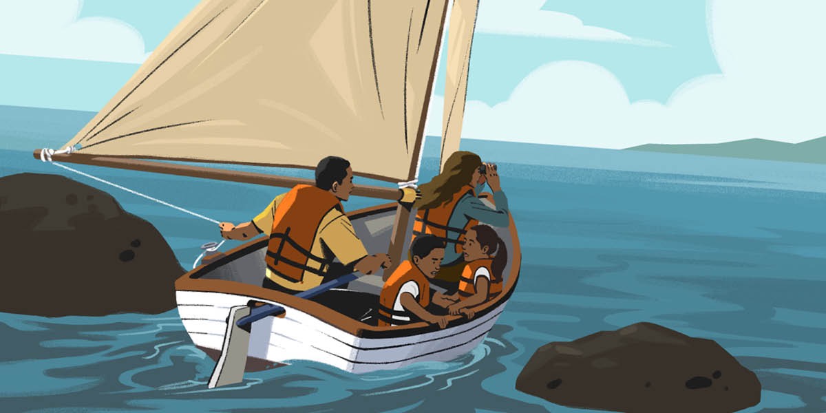 Pamilya nga nagsakayg bangka nga dunay timon