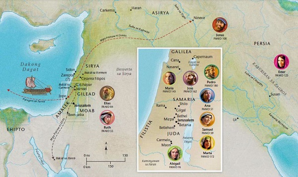 Mapa sa kayutaan sa Bibliya nga nalangkit sa kinabuhi ni Ana, Samuel, Abigail, Elias, Maria ug Jose, Jesus, Marta, ug Pedro