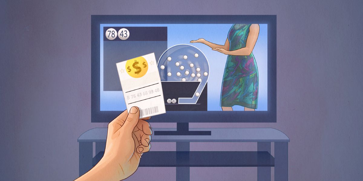 Sugarol nga nagsusi sa iyang ticket sa loto samtang gianunsiyo ang resulta diha sa TV