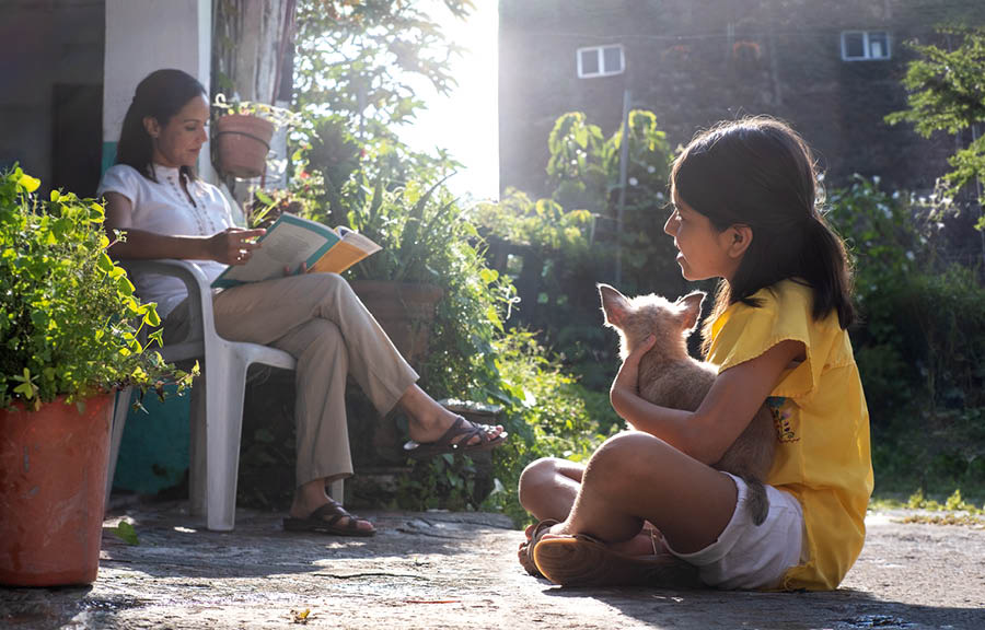 Batang babaye nga naglingkod ug nagtan-aw sa iyang mama, nga nagbasag libro.