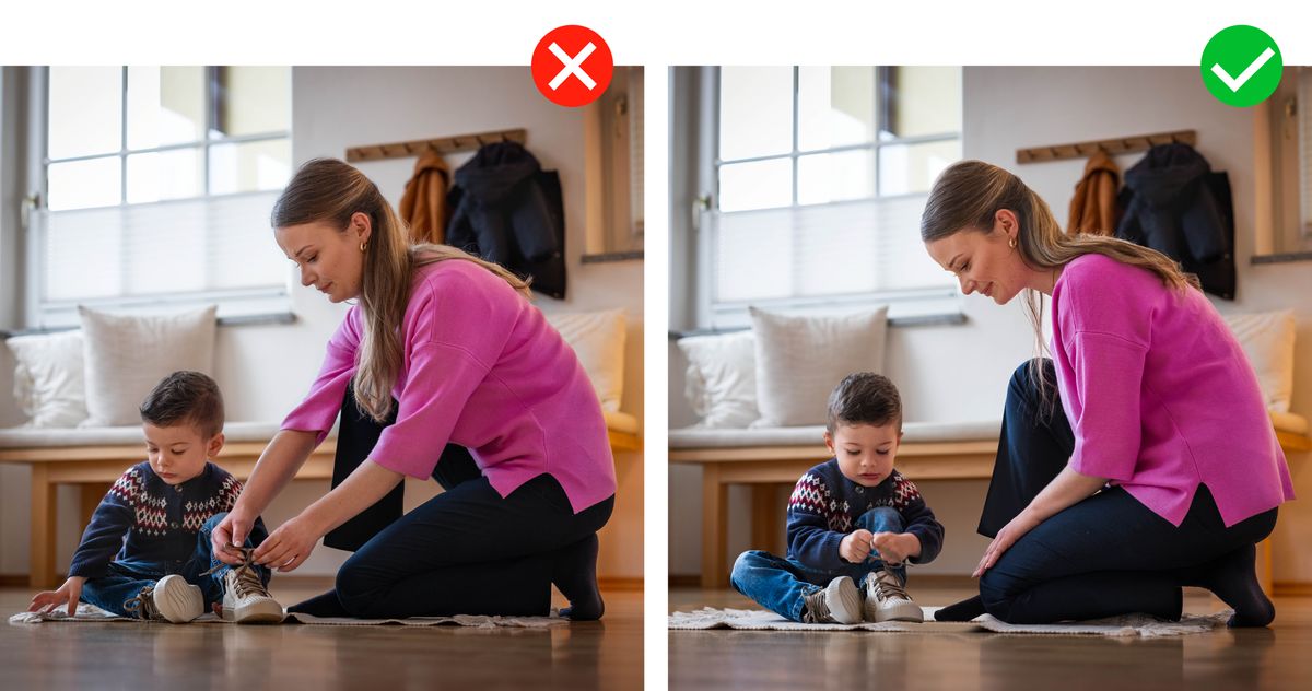 Collage: Duha ka esena sa usa ka inahan ug sa iyang gamayng anak nga lalaki. 1. Ang inahan mao ang naghigot sa liston sa sapatos sa iyang anak. 2. Ang anak ang naghigot sa liston sa iyang sapatos samtang naglingkod sa tapad ang iyang inahan.