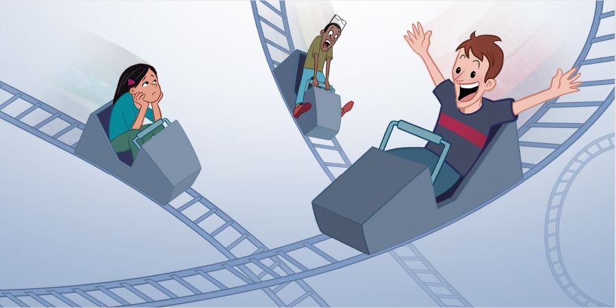 Mga batan-on nga nagsakayg roller coaster; dunay naguol, nahadlok, ug eksayted