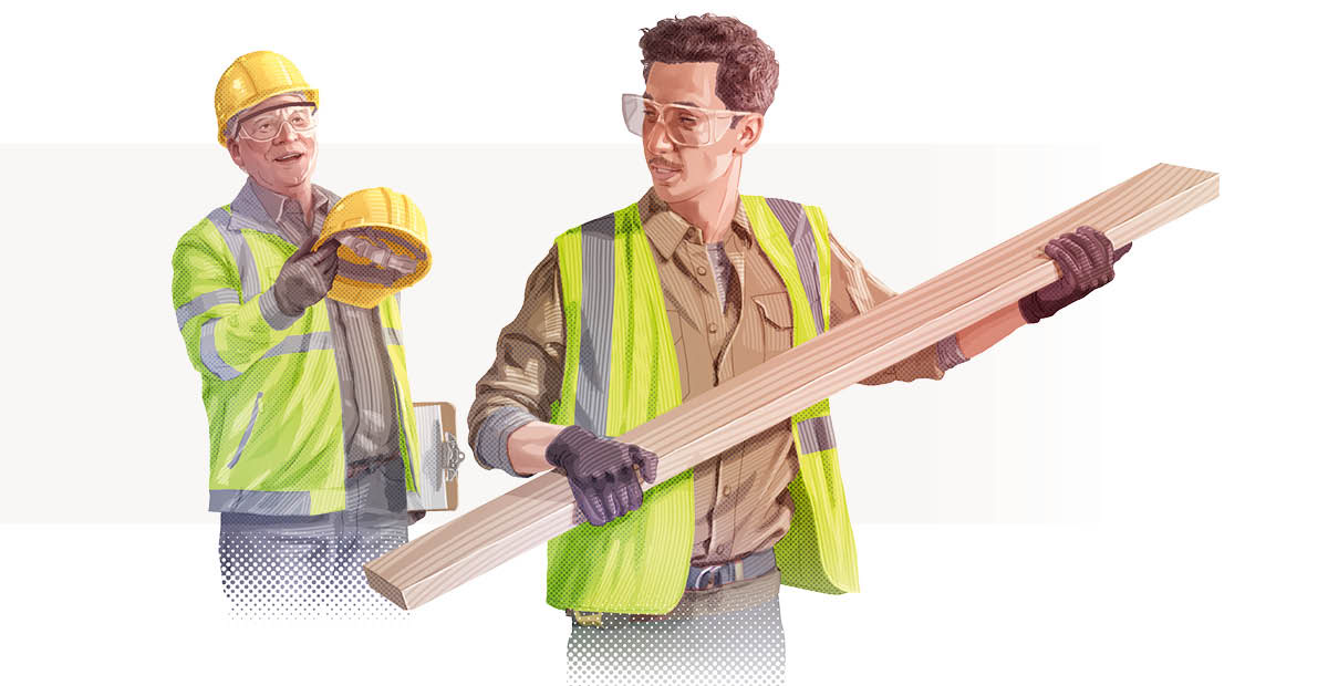Construction worker nga nagtunol ug hard hat sa iyang kauban sa trabaho.