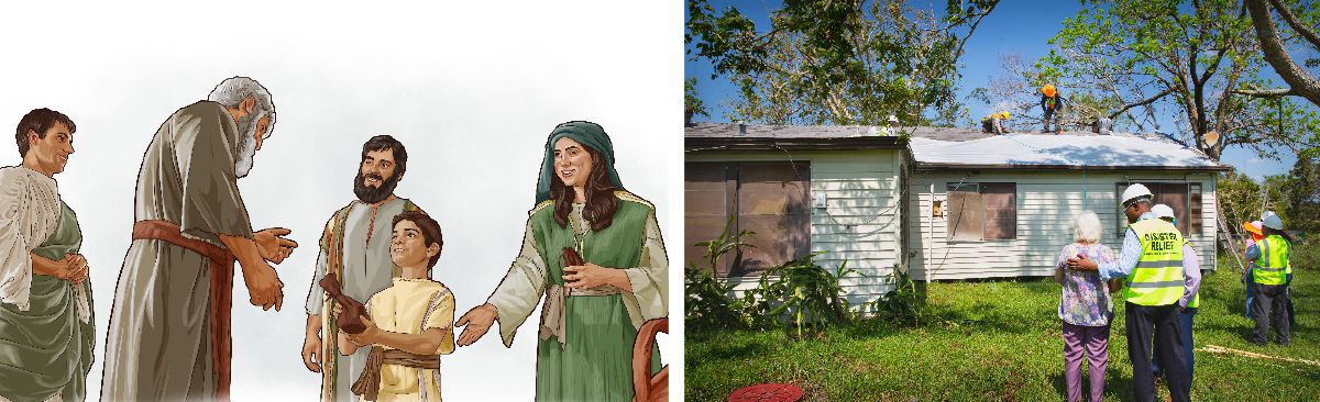 Pamilya sa panahon sa Bibliya nga naghatag ug donasyon; sister nga nagtan-aw sa mga igsoon nga gikan sa Disaster Relief Committee nga nag-ayo sa iyang balay