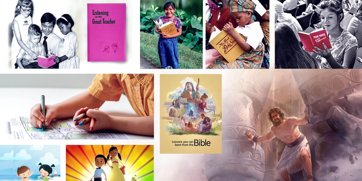 Collage: Mga tool sa pagtudlo sa mga bata. 1. Mga bata nga lainlaig edad nagtan-aw sa librong “Listening to the Great Teacher.” 2. Ang librong “Listening to the Great Teacher.” 3. Batang babaye nga naggunit sa iyang kopya sa librong “My Book of Bible Stories.” 4. Ang lain pang batang babaye nagbasa sa “My Book of Bible Stories.” 5. Tin-edyer nga babaye nga nagbasa sa librong “Your Youth​—⁠Getting the Best out of It” diha sa kombensiyon. 6. Gikoloran sa batang lalaki ang kalingawan para sa mga bata gikan sa jw.org. 7. Hulagway gikan sa brosyur nga “Akong Leksiyon sa Bibliya.” 8. Esena ni Caleb ug Sophia gikan sa video series nga “Mahimong Higala ni Jehova.” 9. Ang librong “Lessons You Can Learn From the Bible.” Hulagway gikan sa libro nga nagpakita kang Samson nga nagtulod sa duha ka haligi sa tibuok niyang kusog.