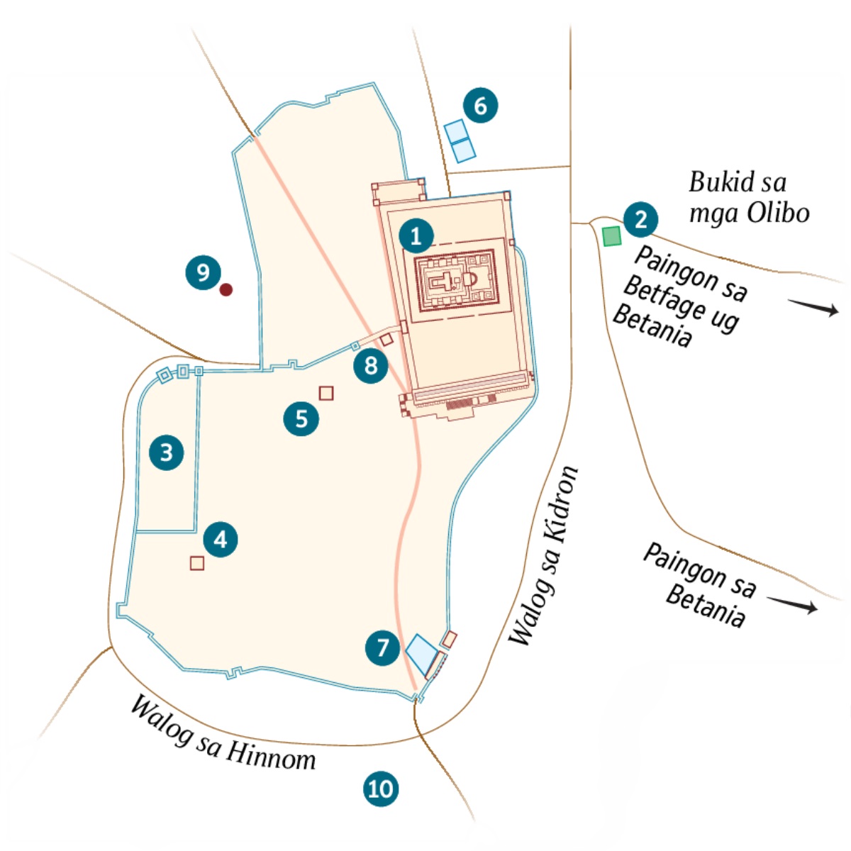 Mapa sa Jerusalem ug palibot niini. Gilista ang posibleng nahimutangan sa mga lugar. 1. Templo. 2. Tanaman sa Getsemane. 3. Palasyo sa Gobernador. 4. Balay ni Caifas. 5. Palasyo nga gigamit ni Herodes Antipas. 6. Linaw sa Bethzatha. 7. Linaw sa Siloam. 8. Tigomanan sa Sanhedrin. 9. Golgotha. 10. Akeldama.
