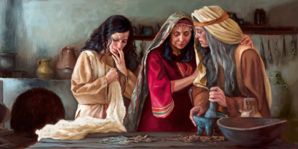 Si Juana ug ang ubang babaye nag-andam ug mga yerbang-paalimyon alang sa paglubong kang Jesus
