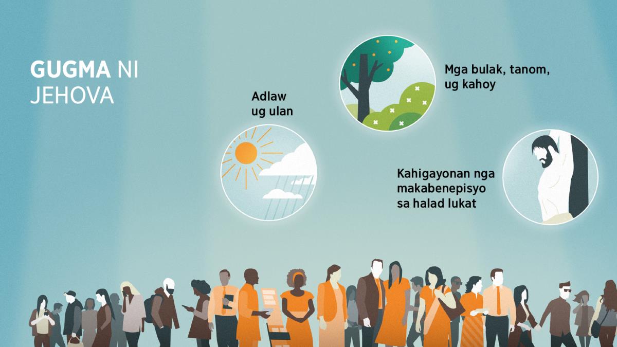 Mga tawo nga lainlaig kagikan ug edad. Collage: Mga paagi nga gipakita ni Jehova ang iyang gugma. 1. Adlaw ug ulan. 2. Mga bulak, tanom, ug kahoy. 3. Kahigayonan nga makabenepisyo sa halad lukat.
