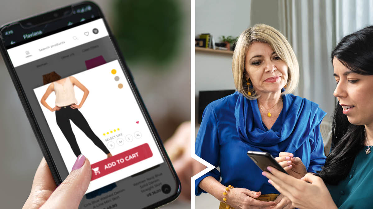 Collage: 1. Batan-ong sister nga nag-online shopping. Nagtan-aw siyag seksi nga blouse ug fitting nga slacks. 2. Gipakita sa batan-ong sister sa hamtong nga sister ang mga sinina nga gusto niyang paliton.