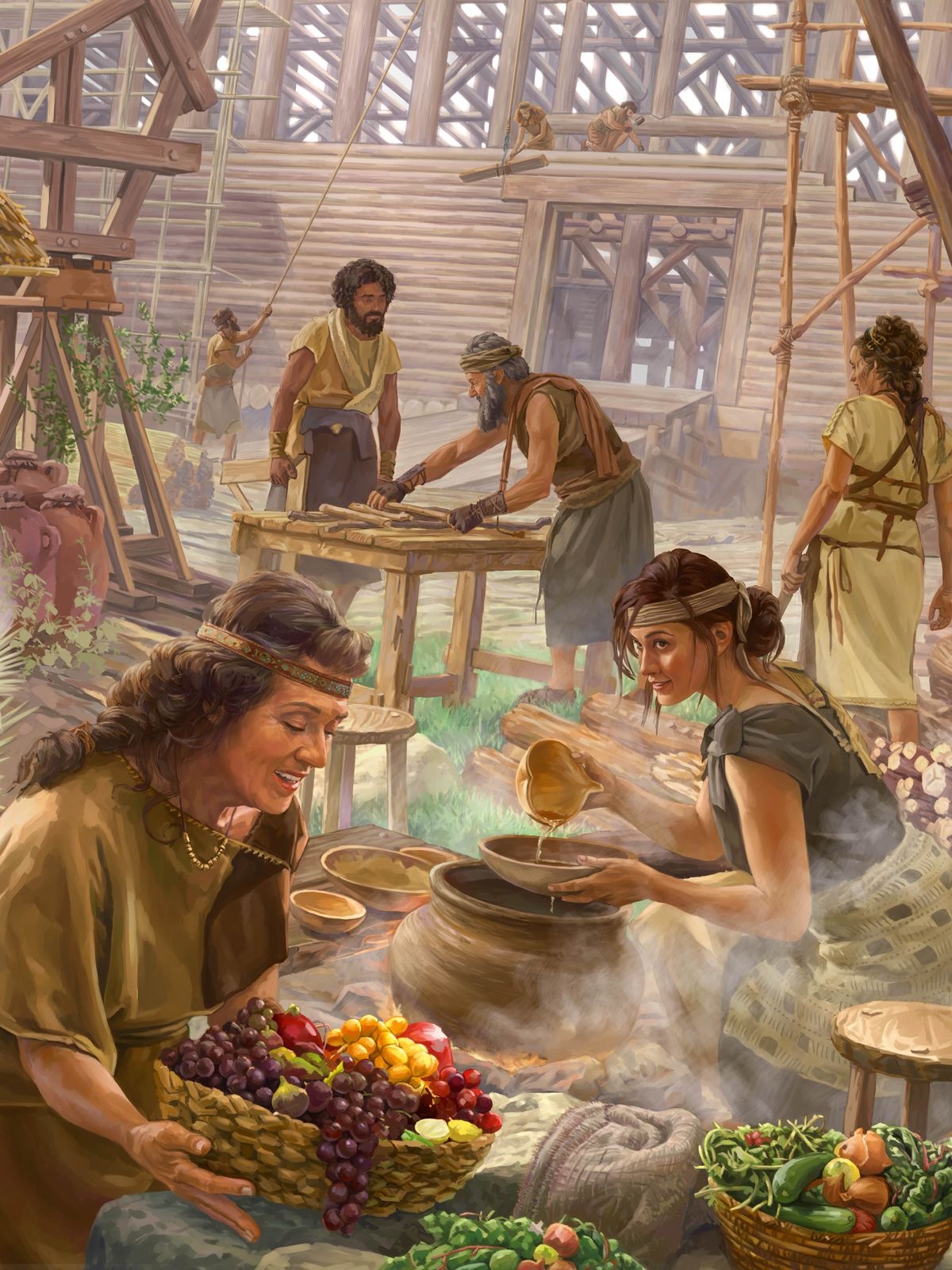 Si Noe ug ang iyang pamilya busy sa pagtukod sa arka ug pag-andam sa pagkaon.