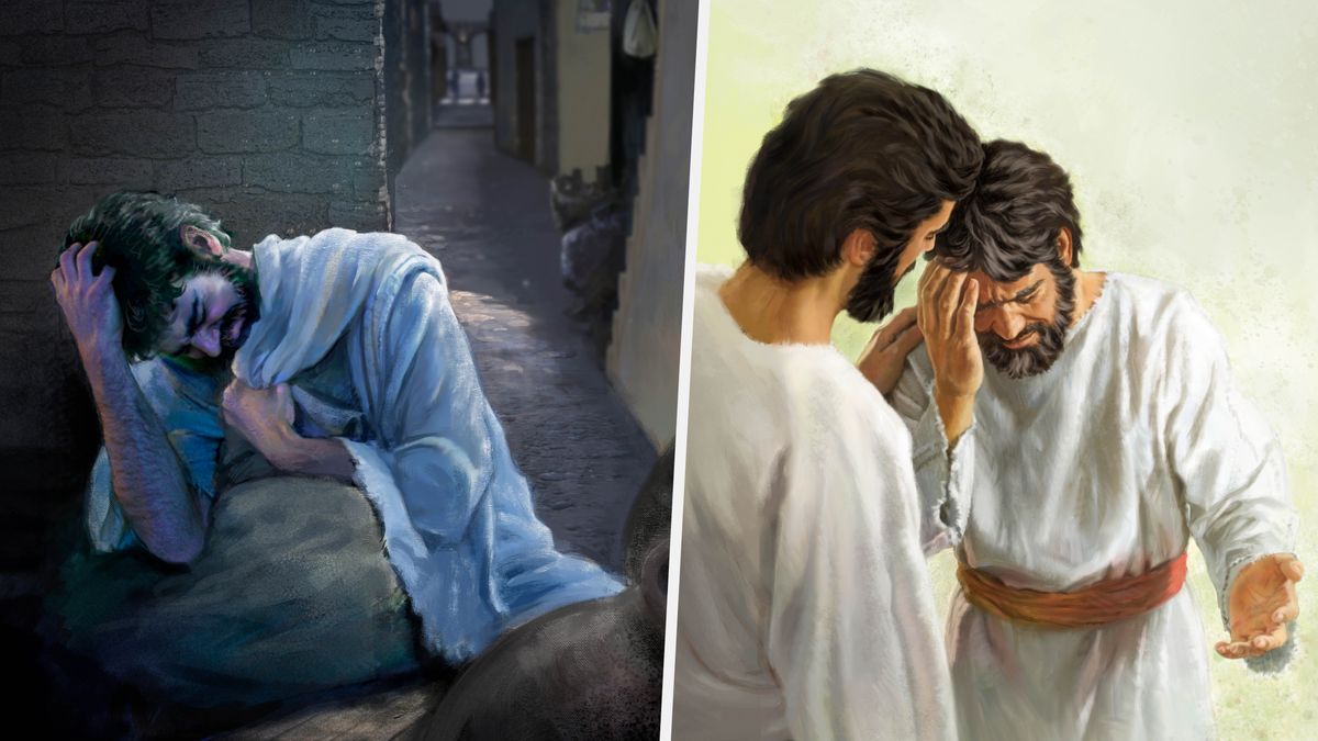 Collage: 1. Si apostol Pedro mihilak pag-ayo. 2. Ang nabanhawng si Jesus naghupay kang Pedro.