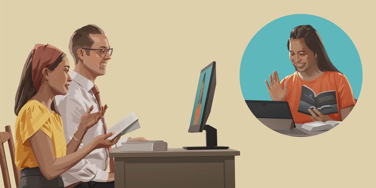 Sister ug ang iyang bana nag-Bible study sa usa ka babaye pinaagig videoconference.