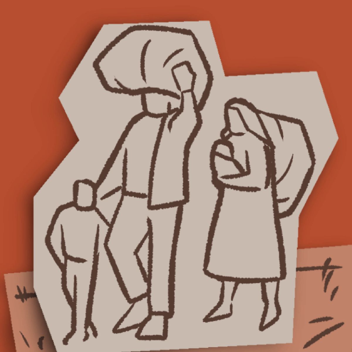 Drowing sa pamilya nga nagdalag dagkong mga bagahe nga gibutangan sa ilang mga gamit.