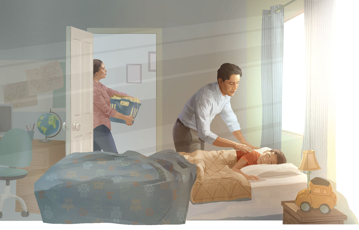 باوکێک بە نە‌رمی منداڵە‌کە‌ی لە خە‌و هە‌ڵدە‌ستێنێت.‏