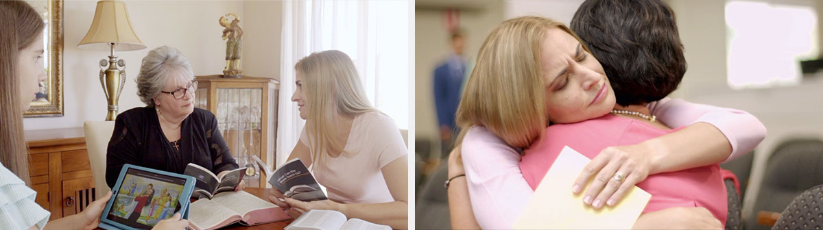 وێنە:‏ دیمە‌نە‌کانی ڤیدیۆی زیندووبوونە‌وە هیوا دە‌بە‌خشێت—‏چۆن؟‏ ١.‏ خوشکێک ڕۆژێک دوای مردنی فیلیسیتی لە کۆبوونە‌وە بە ڤێرۆنیکا دڵنە‌وایی دە‌دات.‏ ٢.‏ ڤێرۆنیکا و یە‌کێک لە کچە‌کانی بە بە‌کارهێنانی پە‌رتووکی پیرۆز بە ژنێک دڵگێرمی دە‌دە‌ن.‏