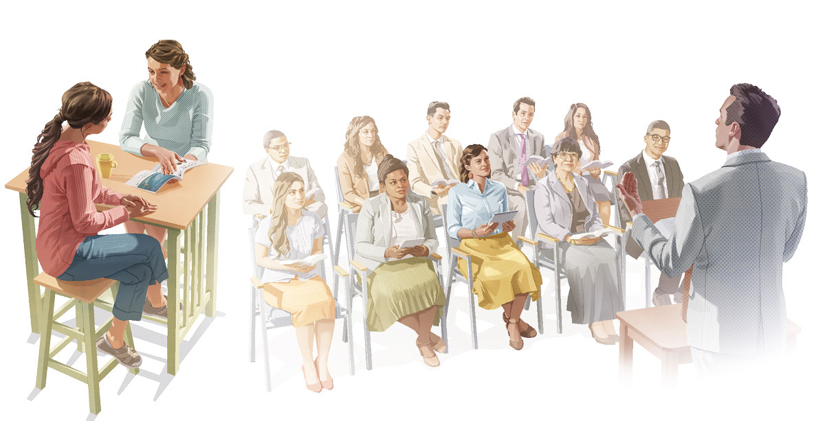 وێنە:‏ خوێندکارێکی پە‌رتووکی پیرۆز بە‌شداری کۆبوونە‌وە‌ی شاهیدانی یە‌هوە دە‌کات.‏ ٢.‏ هە‌مان خوێندکار بە یە‌کێک لە ناسیاوە‌کانی مزگێنی دە‌دات.‏