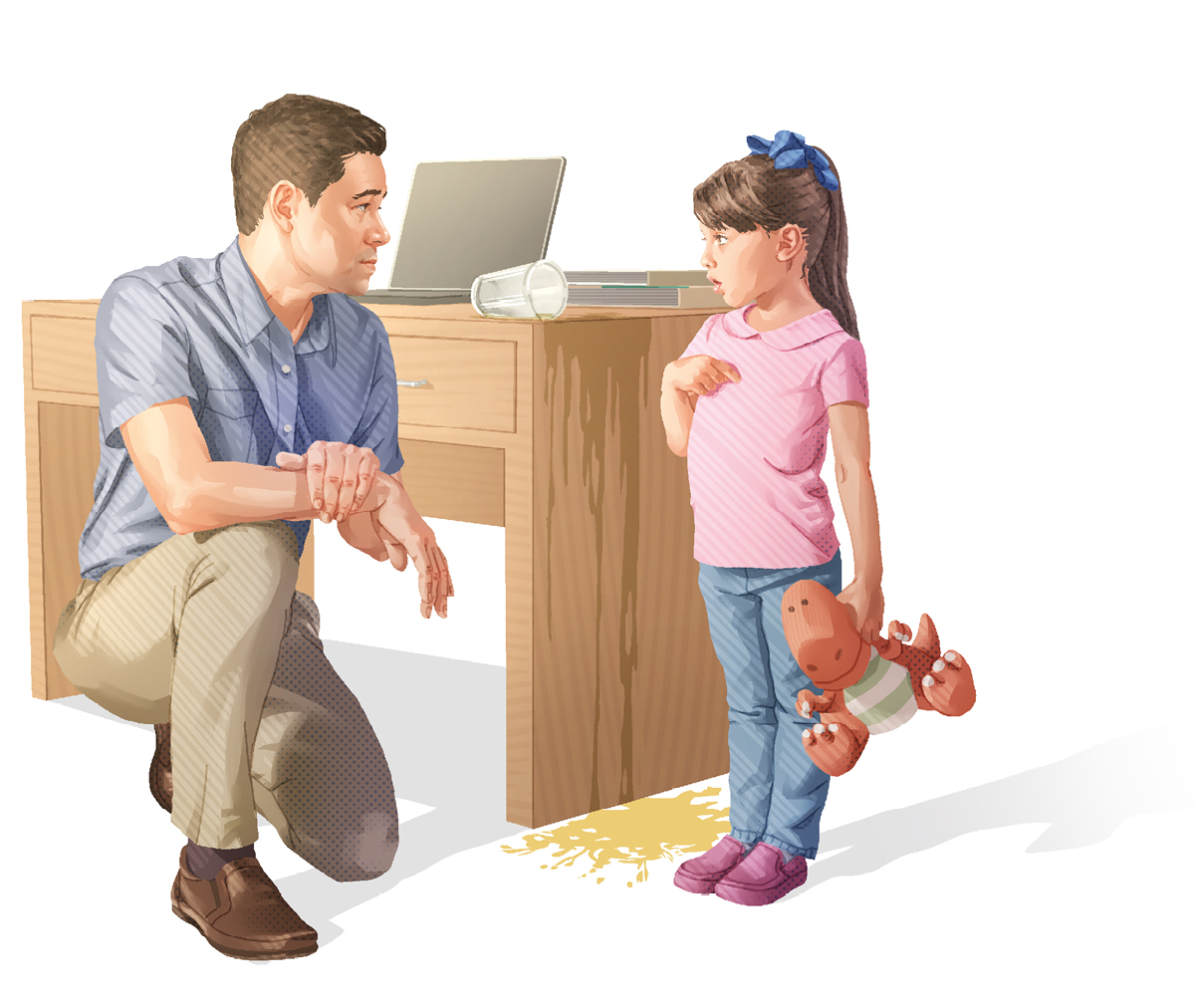 منداڵێک قسە لە‌گە‌ڵ باوکی دە‌کات.‏ کە پە‌رداخێک شە‌ربە‌ت ڕژاوە لە تە‌نیشت مێزە‌کە.‏