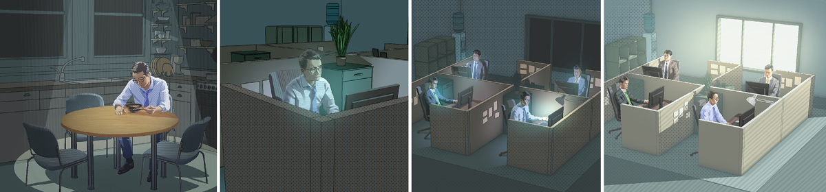 وێنە:‏ پیاوێک کارە دونیایە‌کە‌ی لە ئە‌ولە‌ویە‌تدا دادە‌نێت.‏ ١.‏ ئە‌و بە ڕۆژ لە ئۆفیسێک کار دە‌کات.‏ ٢.‏ ئێواران لە کار دە‌مێنێتە‌وە.‏ ٣.‏ ئە‌و بە‌ردە‌وام دە‌بێت لە کارکردن دوای ئە‌وە‌ی کە هاوکارە‌کانی گە‌ڕاونە‌تە‌وە ماڵە‌وە.‏ ٤.‏ ئە‌و نانی ئێوارە بە تە‌نیا لە ماڵە‌وە دە‌خوات.‏