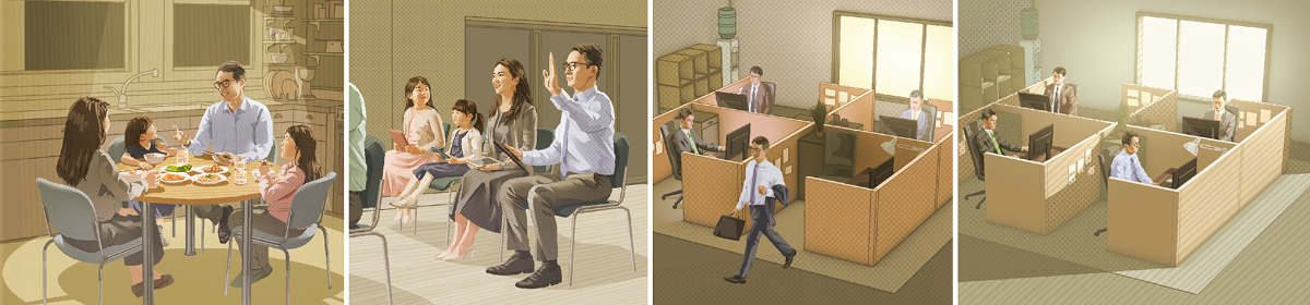 وێنە:‏ هە‌مان پیاو کات بۆ شتی گرنگتر تە‌رخان دە‌کات.‏ ١.‏ ئە‌و بە ڕۆژ لە ئۆفیسێک کار دە‌کات.‏ ٢.‏ لە کۆتایی ڕۆژدا کار بە‌جێ دە‌هێڵێت.‏ ٣.‏ لە کاتی کۆبوونە‌وە‌یە‌کی کۆمە‌ڵدا دە‌ستی بە‌رز دە‌کاتە‌وە.‏ ٤.‏ لە‌گە‌ڵ ژنە‌کە‌ی و دوو منداڵە‌کە‌ی نانی ئێوارە دە‌خوات.‏