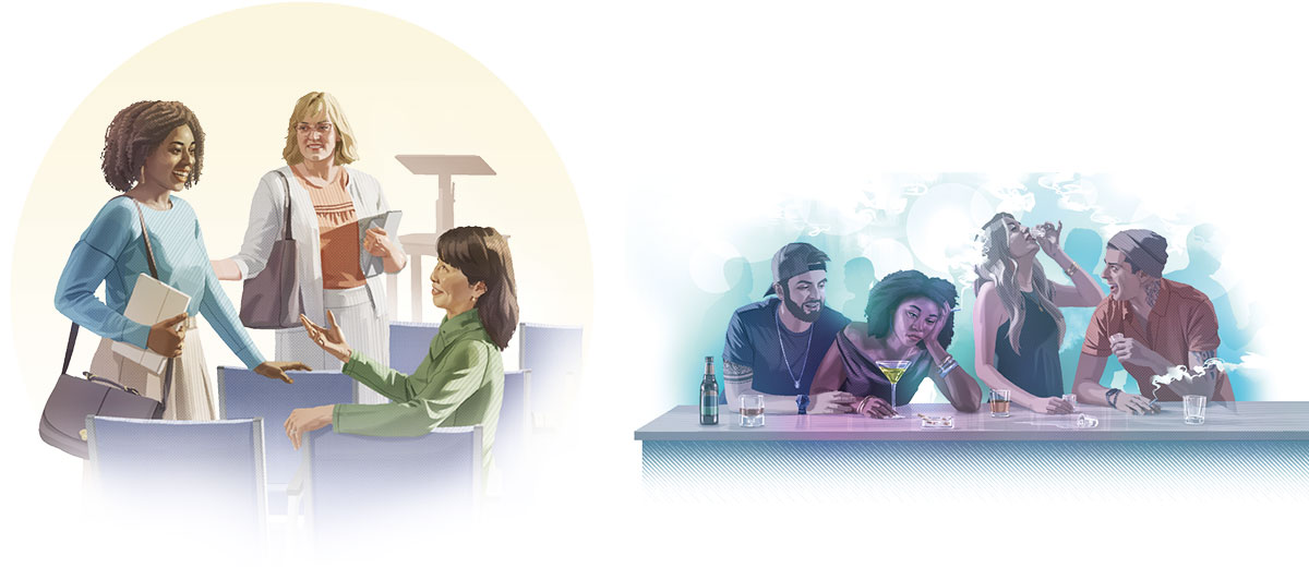 وێنە:‏ ١.‏ ژنێکی گە‌نجی دڵتە‌نگ لە نزیک خۆشە‌ویستە‌کە‌ی دادە‌نیشێت.‏ ئە‌و لە‌گە‌ڵ هاوڕێکانی لە یانە‌یە‌کی شە‌وانە دە‌خواتە‌وە و جگە‌رە دە‌کێشێت.‏ ٢.‏ هە‌مان ئافرە‌ت بە خۆشحاڵییە‌وە لە‌گە‌ڵ خوشکە‌کان لە هۆڵی پادشایە‌تی قسە دە‌کات.‏