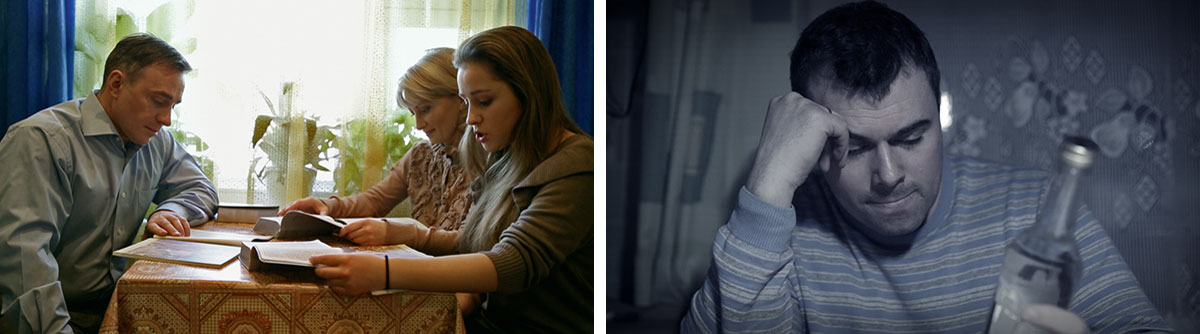 وێنە:‏ دیمە‌نە‌کانی ڤیدیۆکە من بێزار بووم لە شێوازی ژیانم.‏ ١.‏ دیمیتری سە‌یری بوتڵێک کحول دە‌کات.‏ ٢.‏ دیمیتری و هاوسە‌رە‌کە‌ی و کچە‌کە‌یان پێکە‌وە پە‌رتووکی پیرۆز دە‌خوێنن.‏